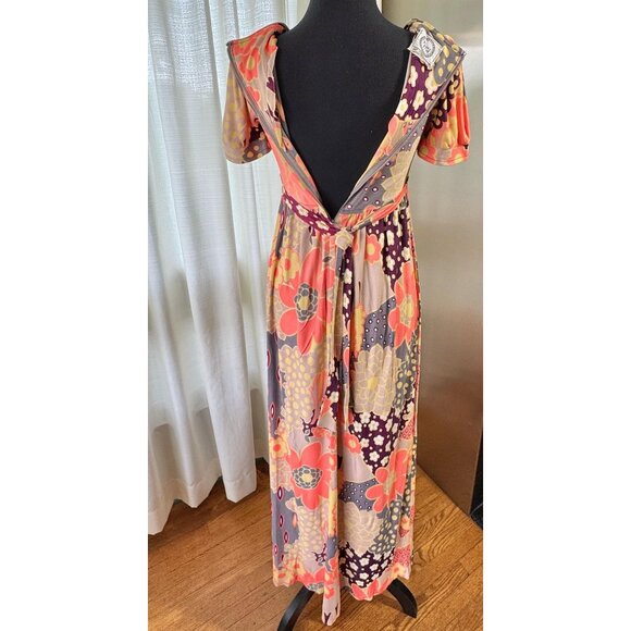 Vintage 70s dress, coral, grey, yellow floral, boho maxi with empire waist - Picture 7 of 10